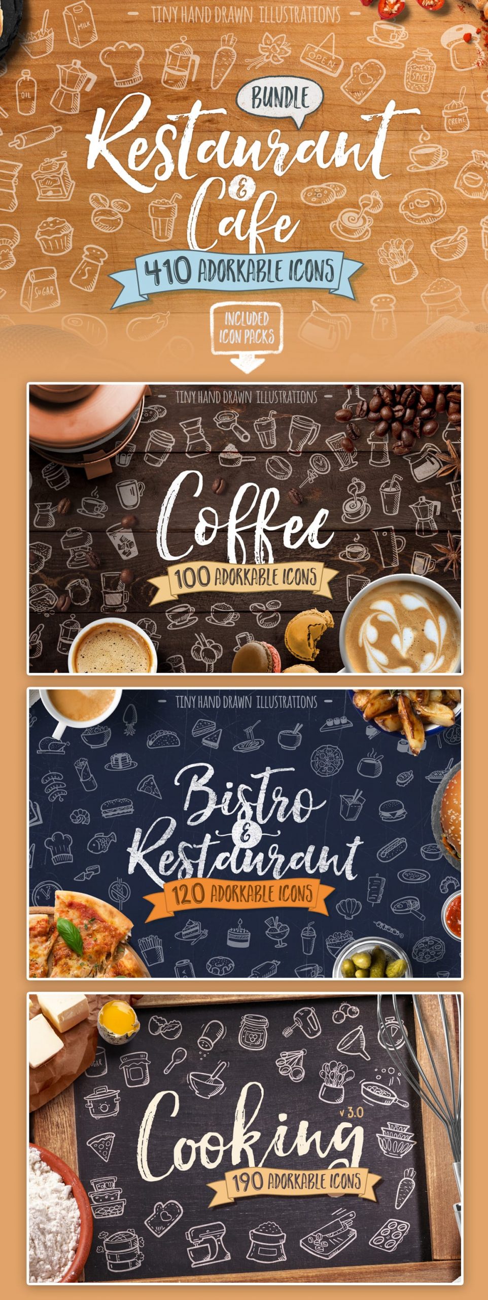 Hand Drawn Restaurant Coffee Kitchen Food Icons Vector Bundle
