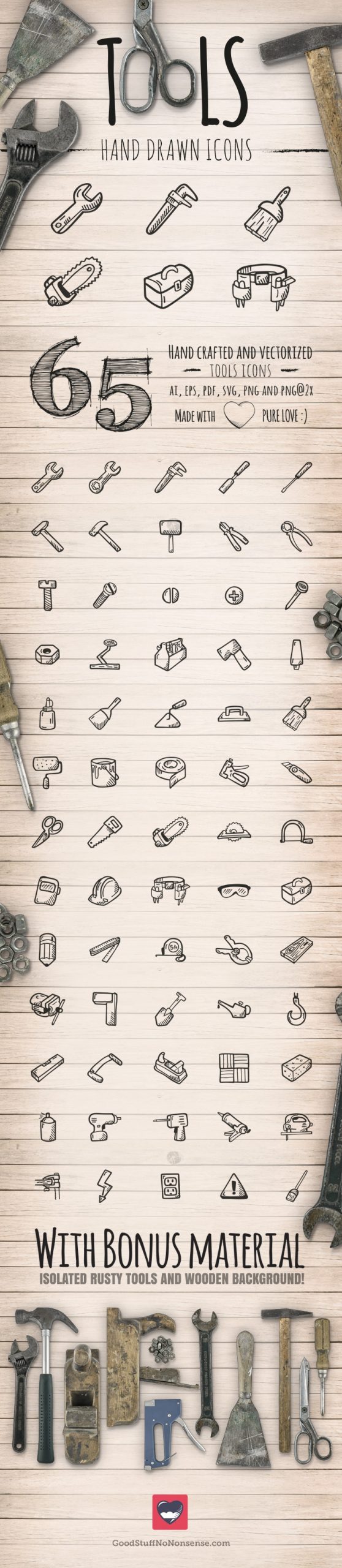 Hand Drawn Tools And Hardware Icons Building Remodel Construction Vector Icon Pack Full