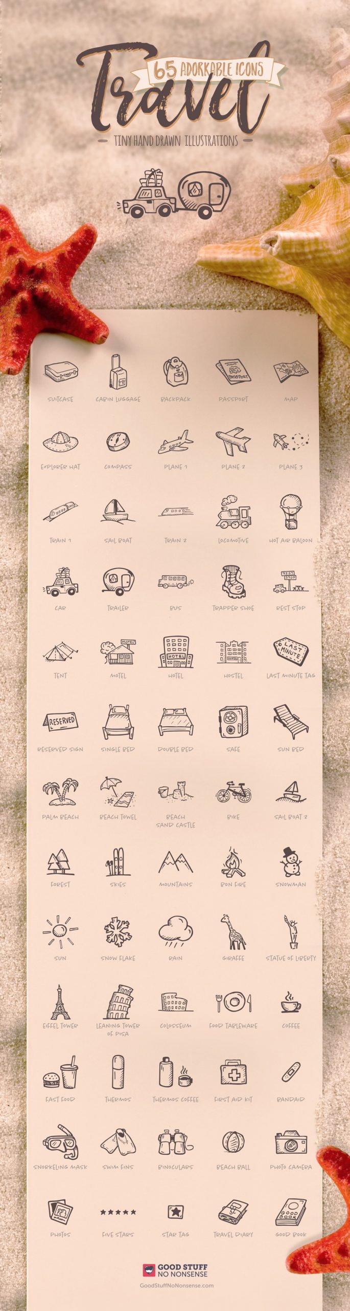 Hand Drawn Travel Icons Adventure Vector Pack Full Gsnn