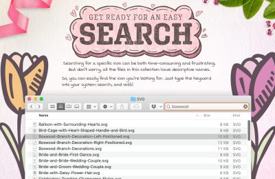 Product screen featuring searchable icons with descriptive file names, making it effortless to find the perfect icon for your wedding designs.