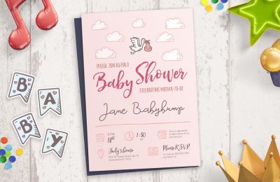 Baby Shower Hand—Drawn Icons Invitation Mockup