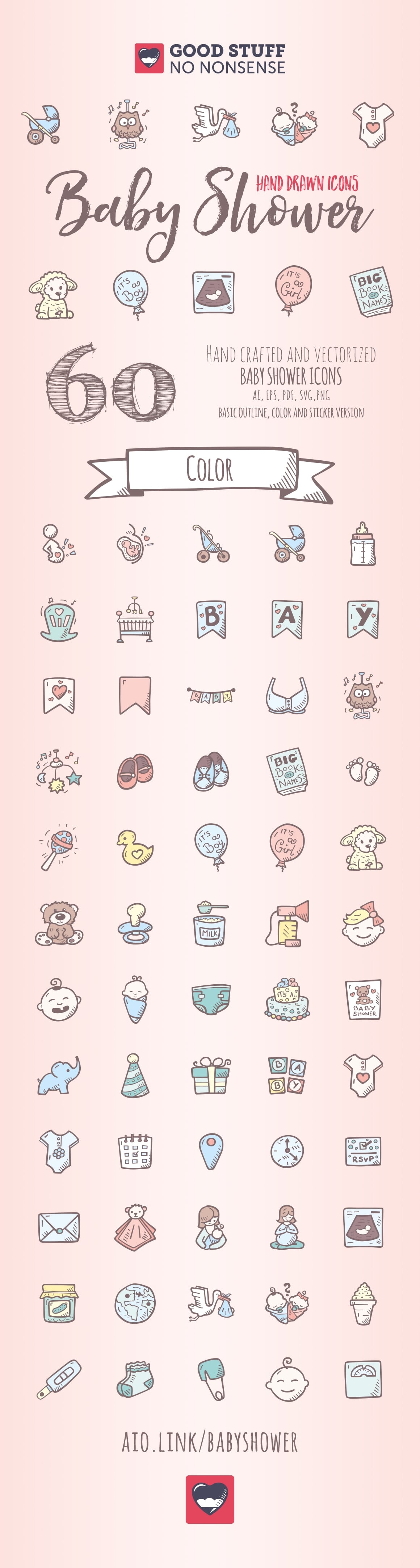 Baby Shower Hand Drawn Vector Icons Color Full