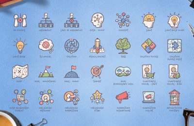 Hand-drawn icons illustrating concepts of ideas, solutions, goals, and various aspects of marketing and influencer strategy.
