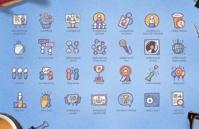 Hand-drawn icons representing various elements of conferences, discussions, networking, and post-event festivities.