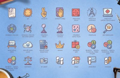 Hand-drawn icons representing various professional, workplace, and human resource themes.