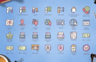 Hand-drawn icons representing a range of business, technical, and service-related themes.