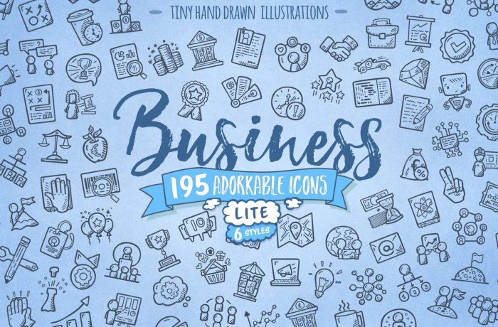 Collection of 195 hand-drawn business icons by Good Stuff No Nonsense featuring diverse illustrations like clocks, graphs, handshakes, and more.