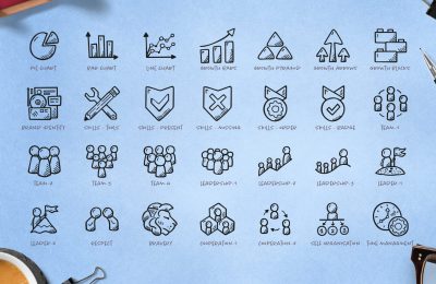Collection of hand-drawn business and leadership icons including charts, team dynamics, leadership figures, and essential skills.
