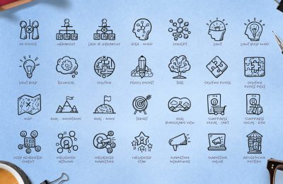Hand-drawn icons illustrating concepts of ideas, solutions, goals, and various aspects of marketing and influencer strategy.
