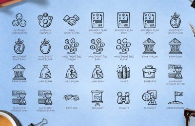 Hand-drawn icons representing various financial, investment, and corporate elements.