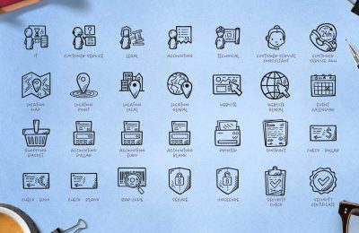 Hand-drawn icons representing a range of business, technical, and service-related themes.