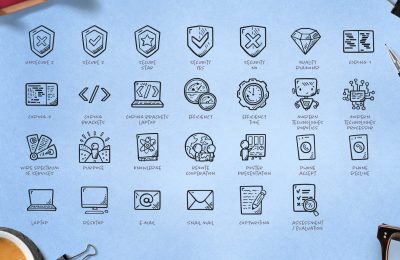 Colorful hand-drawn icons representing various technological, communication, and security concepts.
