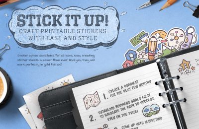 Promotional image for 'Stick It Up!' showcasing vibrant, colorful printable stickers on a planner, with a bold call to action.