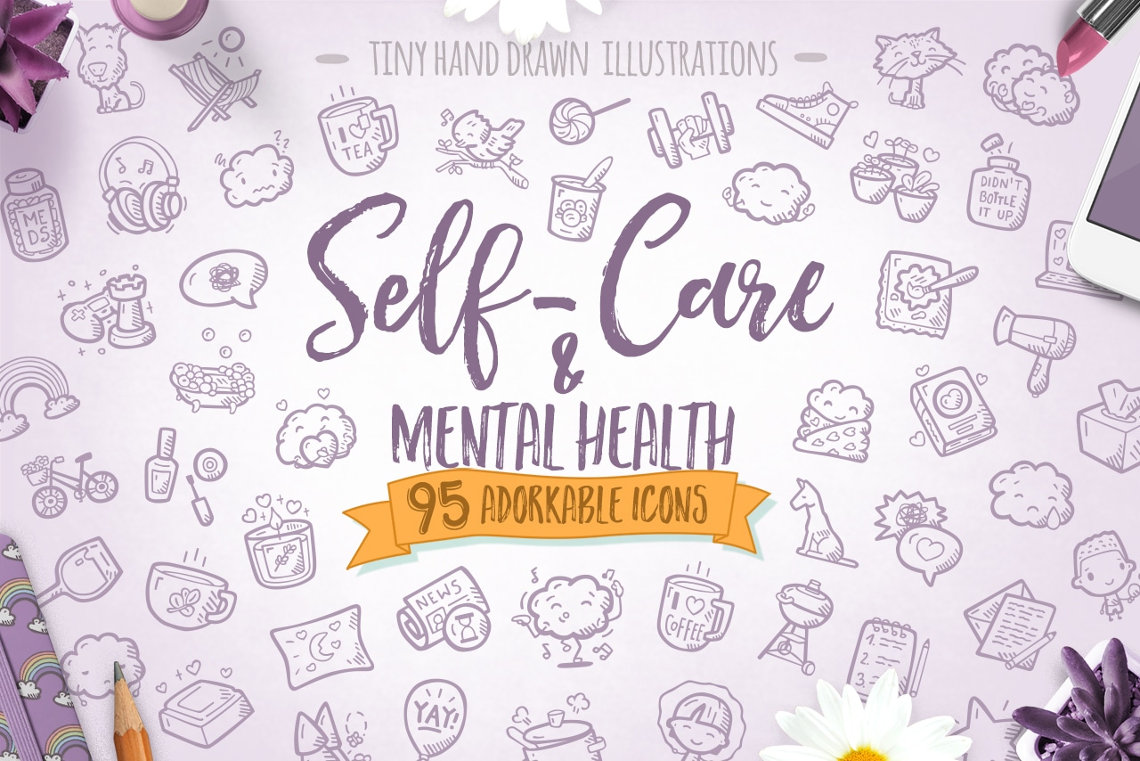 Self Care And Mental Health Hand Drawn Icons Cover