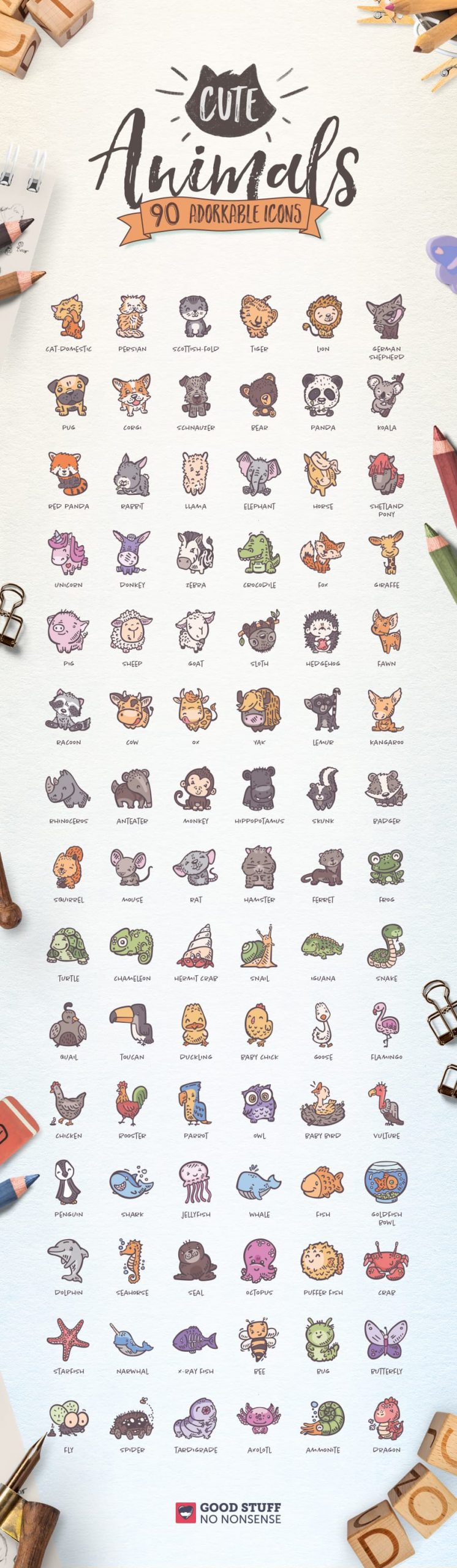 Cute Animals Hand-drawn vector Icon Pack - Full Prev