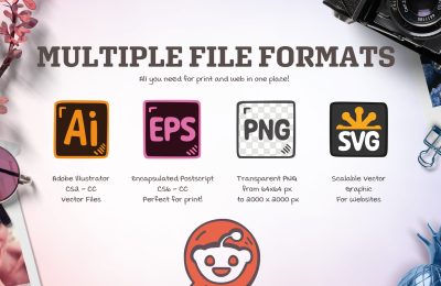 Image showcasing multiple file formats for vector icons including AI, EPS, PNG, and SVG, emphasizing their suitability for both print and web use.