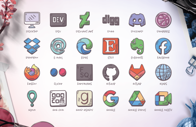Assorted collection of hand-drawn icons for tech and social media brands such as Google, Etsy, GitHub, and more, displayed in a colorful and engaging style