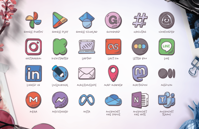 Collection of hand-drawn icons representing various social media and technology platforms like Instagram, LinkedIn, and Google Play, each uniquely styled to add a whimsical and artistic flair to any project.