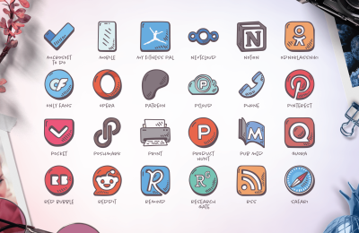 Artistic set of hand-drawn icons for online services such as Patreon, Only Fans, Reddit, and more, illustrated in a colorful and engaging style.