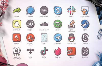 Varied set of hand-drawn icons representing communication platforms such as Skype, Slack, Spotify, and more, each uniquely designed to bring visual interest and creativity to any project.
