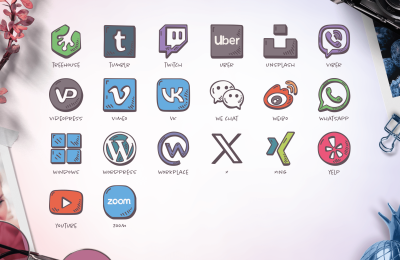 Colorful collection of hand-drawn icons for digital platforms such as YouTube, Zoom, Uber, and WordPress, each depicted in a playful and creative style.