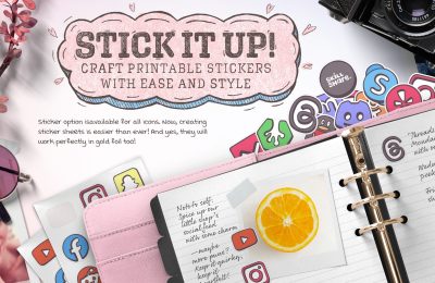 Promotional image showcasing 'Stick It Up!' hand-drawn stickers peeking out of a planner, highlighting ease of use and compatibility with gold foil, perfect for adding a personal touch to any creative project.