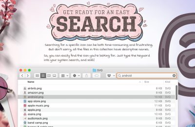 Promotional image demonstrating the easy search functionality for hand-drawn icons, showing a computer screen with a search bar looking for 'android', surrounded by various icons with clearly labeled file names.