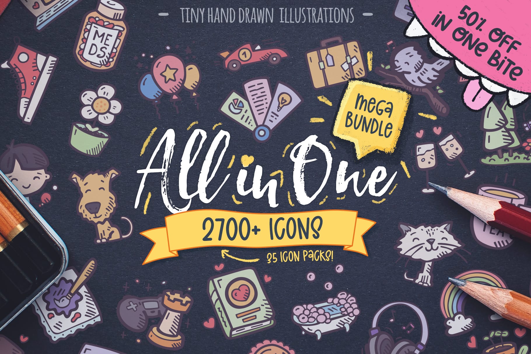 Dark background with colorful hand-drawn doodle icons scattered around text that reads “All in One – 2700+ Icons – Mega Bundle” with playful design elements, pencils, and sticker-style artwork