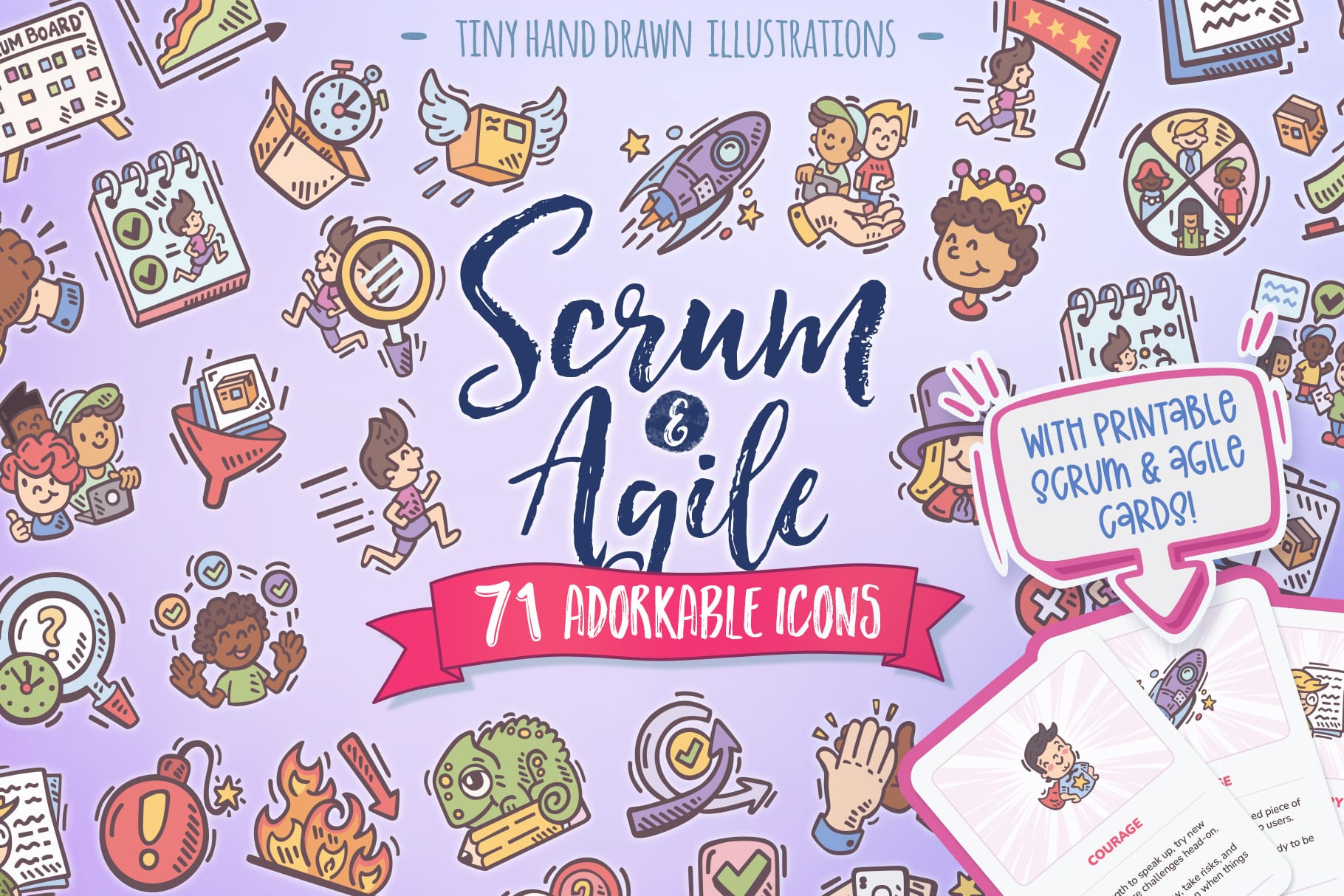 Scrum & Agile Icon Pack cover showing 71 hand-drawn icons with a playful doodle style, including a bonus set of printable Scrum & Agile cards.