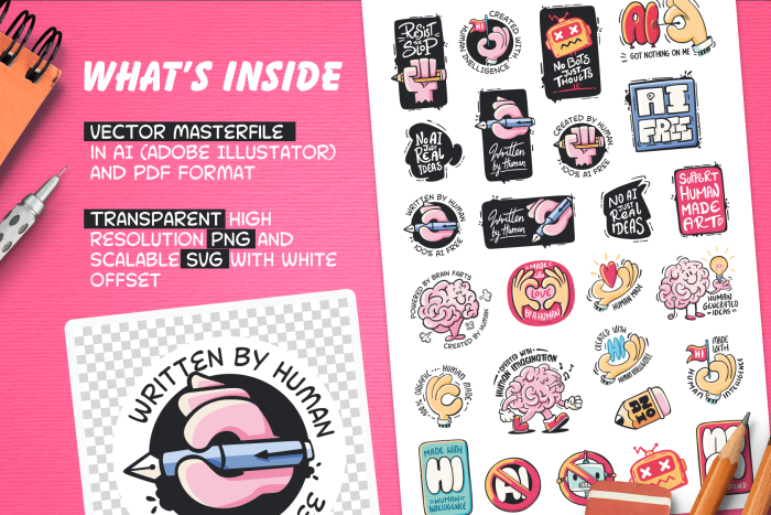 Product preview showing the contents of the “Resist the Slop” no AI sticker pack, including hand-drawn anti AI badges and stickers available as SVG, transparent PNG, PDF, and Adobe Illustrator vector files with print-ready sticker sheets.