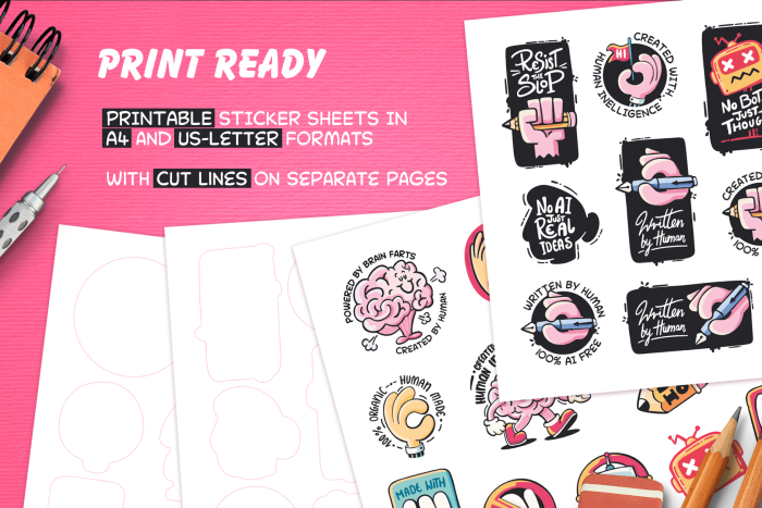 Preview of printable no AI sticker sheets featuring hand-drawn anti AI badges and human-made art stickers in A4 and US Letter formats with separate cut lines for printing and cutting.