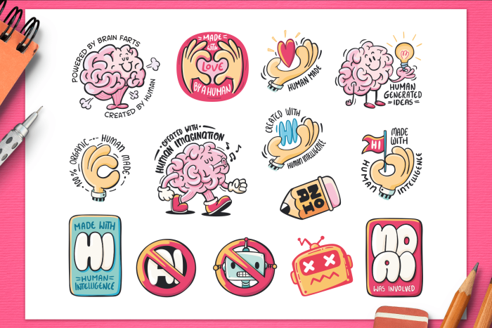 Sticker sheet preview featuring hand-drawn anti AI badges and human-made art stickers with doodle brains, crossed-out robot icons, “Made With Human Intelligence,” “Human Generated Ideas,” “No AI,” and “Created With Human Imagination” slogans on a pink background.
